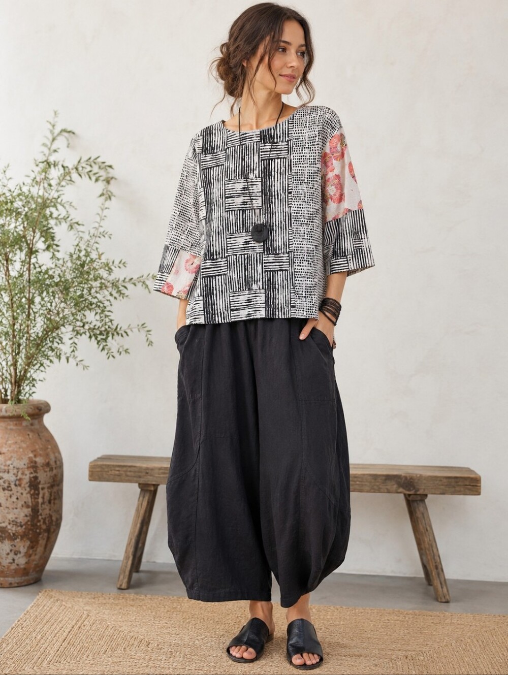 HABITAT CLOTHES TO LIVE IN LINEN COTTON PATCHWORK ARTISAN TOP SZ M